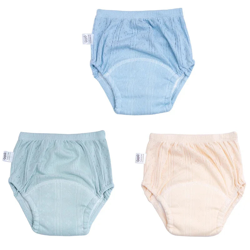 U&U baby potty training diapers, pack of 3. Absorbent cotton underwear in blue, green, and beige for toddlers.
