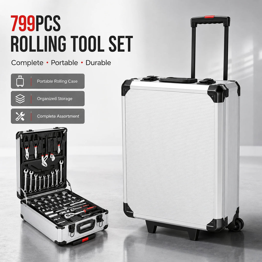 Professional Rolling Toolbox with Wheels Complete Mechanic Tool Set Heavy Duty Socket Wrench Kit Automotive Repair Hand Tools Portable Storage Case for Car Motorcycle Bicycle Home Garage Workshop Maintenance Equipment DIY