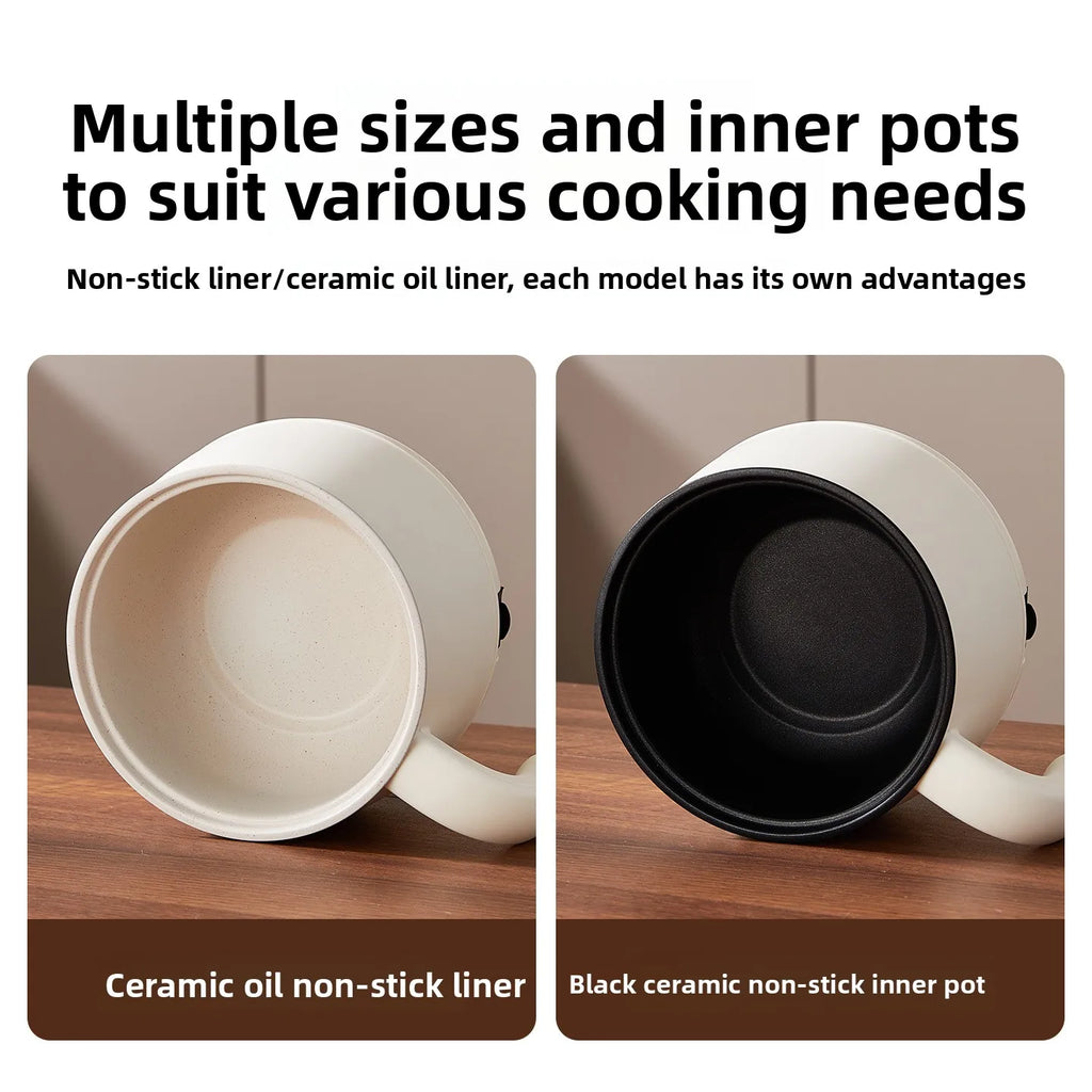 Close-up of hot pot inner liners: white ceramic non-stick and black ceramic non-stick