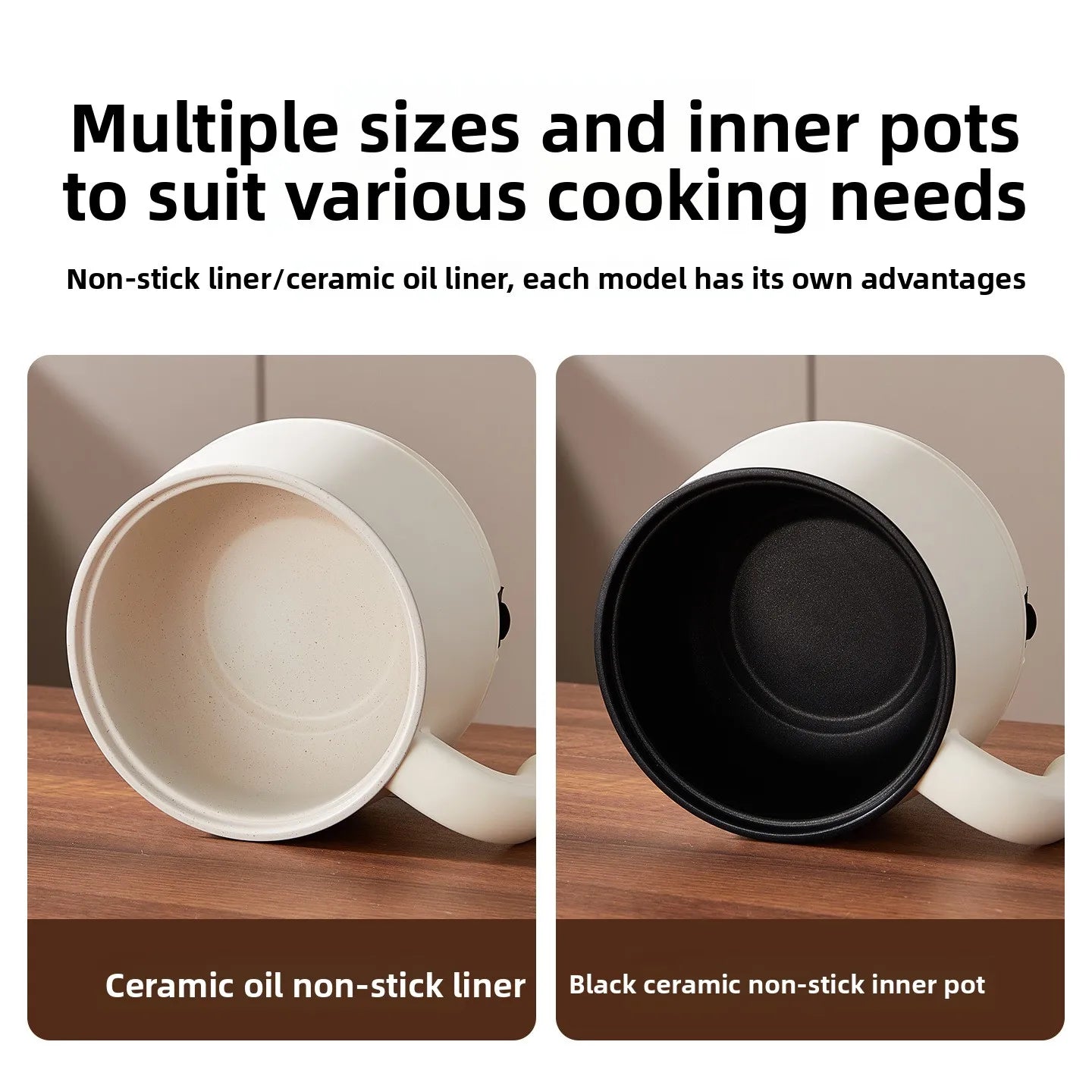 Close-up of hot pot inner liners: white ceramic non-stick and black ceramic non-stick
