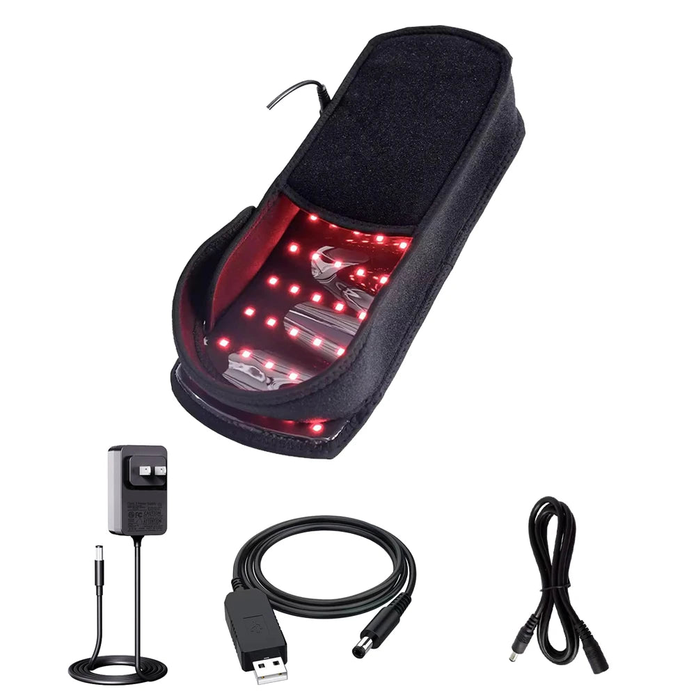 Black red light therapy foot boot with interior LED infrared beads for pain relief, including power adapter and cables.