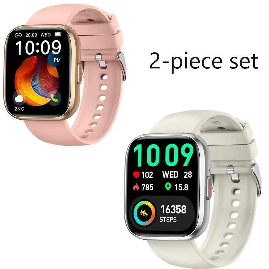 Pink and white smartwatch 2-piece set with square touch screens and silicone straps