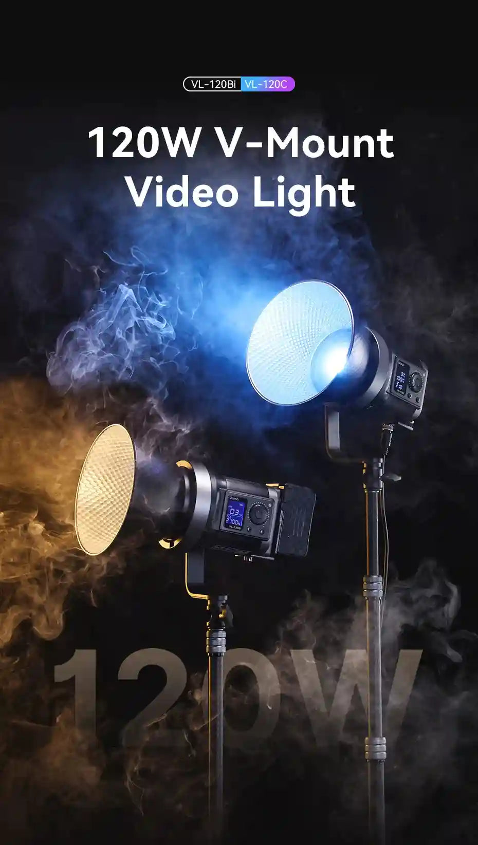 Two 120W V-mount LED video lights on stands with reflectors, emitting cool blue and warm yellow light in smoke.