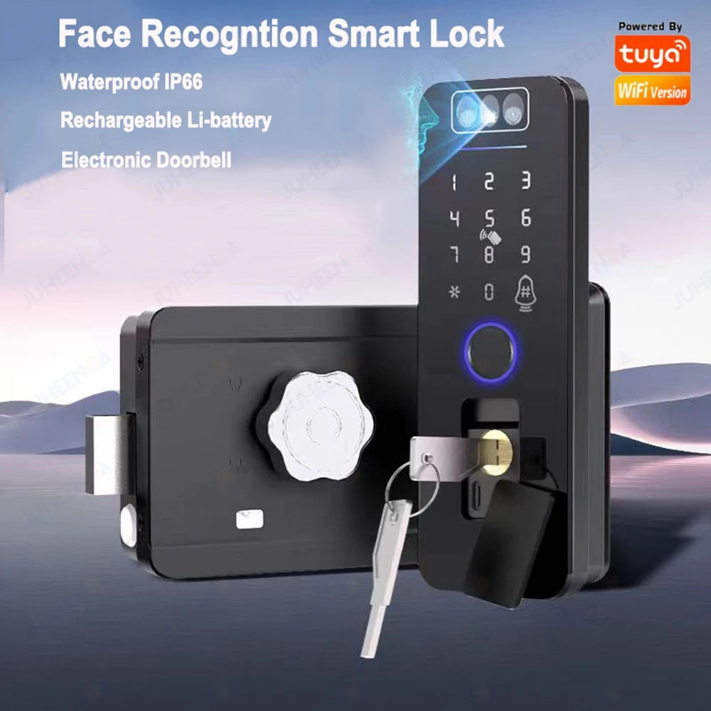 Smart WiFi Door Lock Waterproof Tuya Face Recognition Fingerprint RFID Card Password APP Control Rechargeable Li-Battery Include