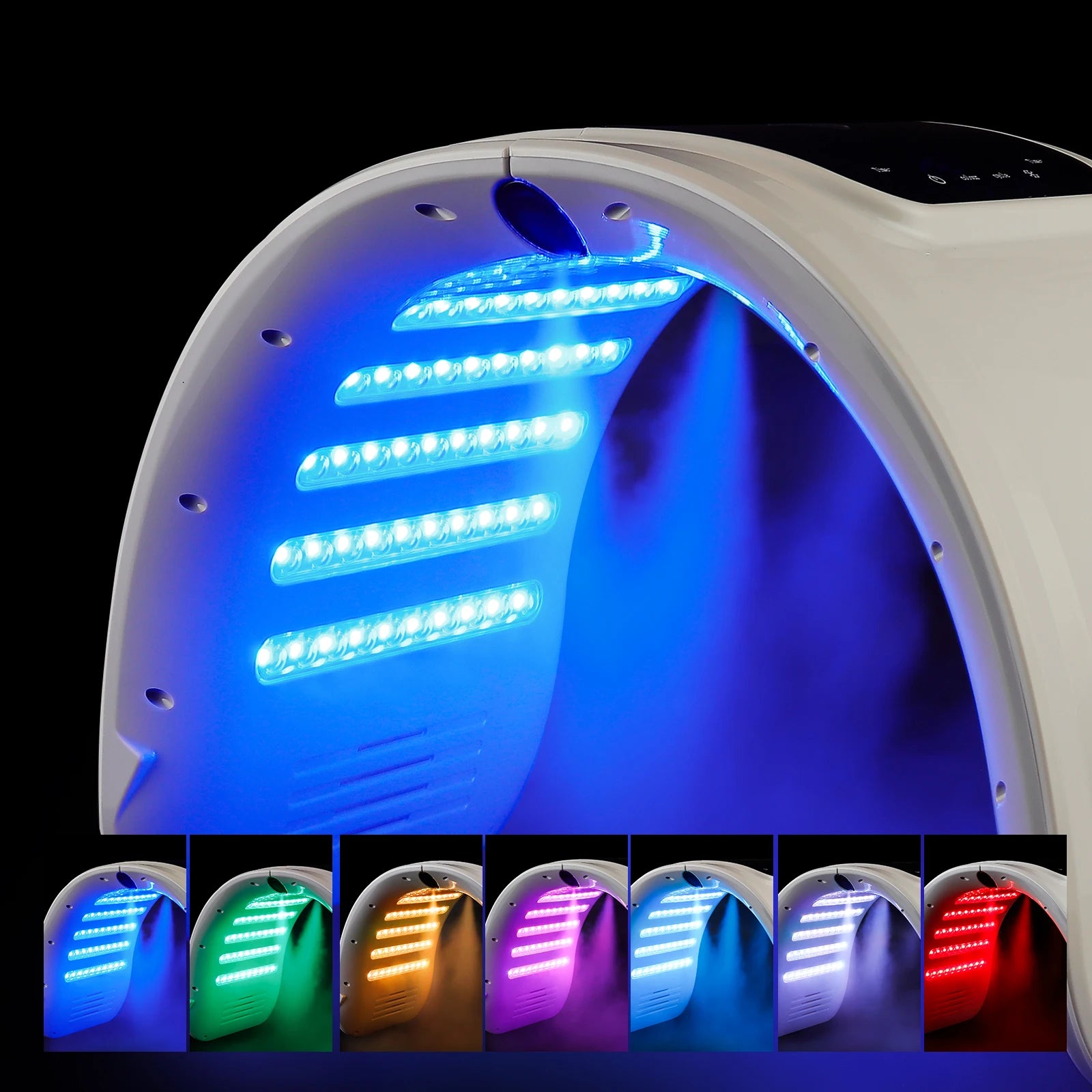 Arched white LED light therapy machine for facial skin treatment, shown with multiple color settings against black.