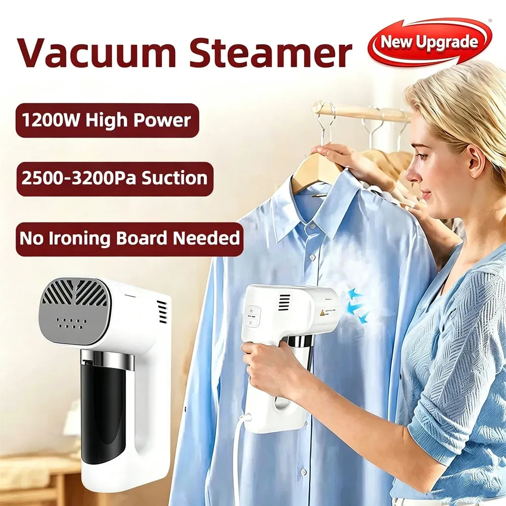 Vacuum steamer garment steamer smoothing a hanging blue shirt without an ironing board.