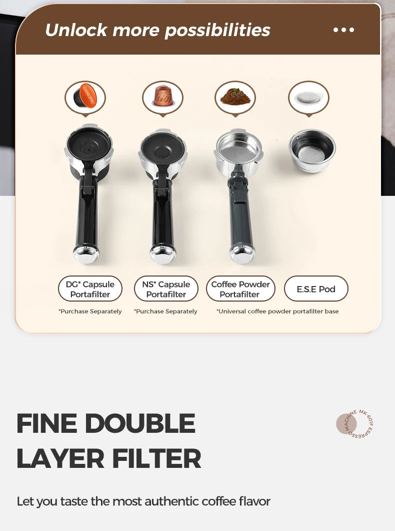Espresso machine accessories set with three black portafilters for capsules and ground coffee plus E.S.E. pod filter.