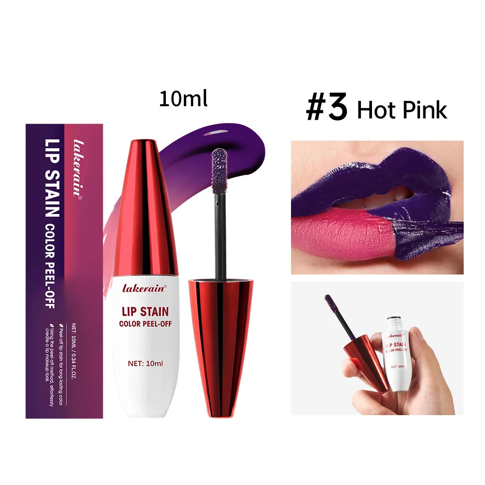Lakerain peel-off lip stain in #3 Hot Pink. Waterproof matte lip tint providing long-lasting, vibrant color coverage.