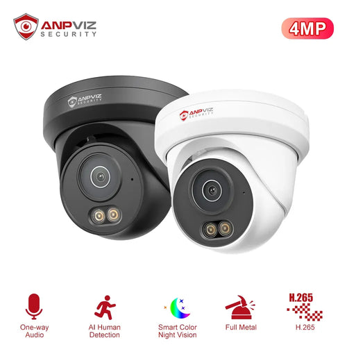 Anpviz 4MP PoE turret security camera, dual light, black and white