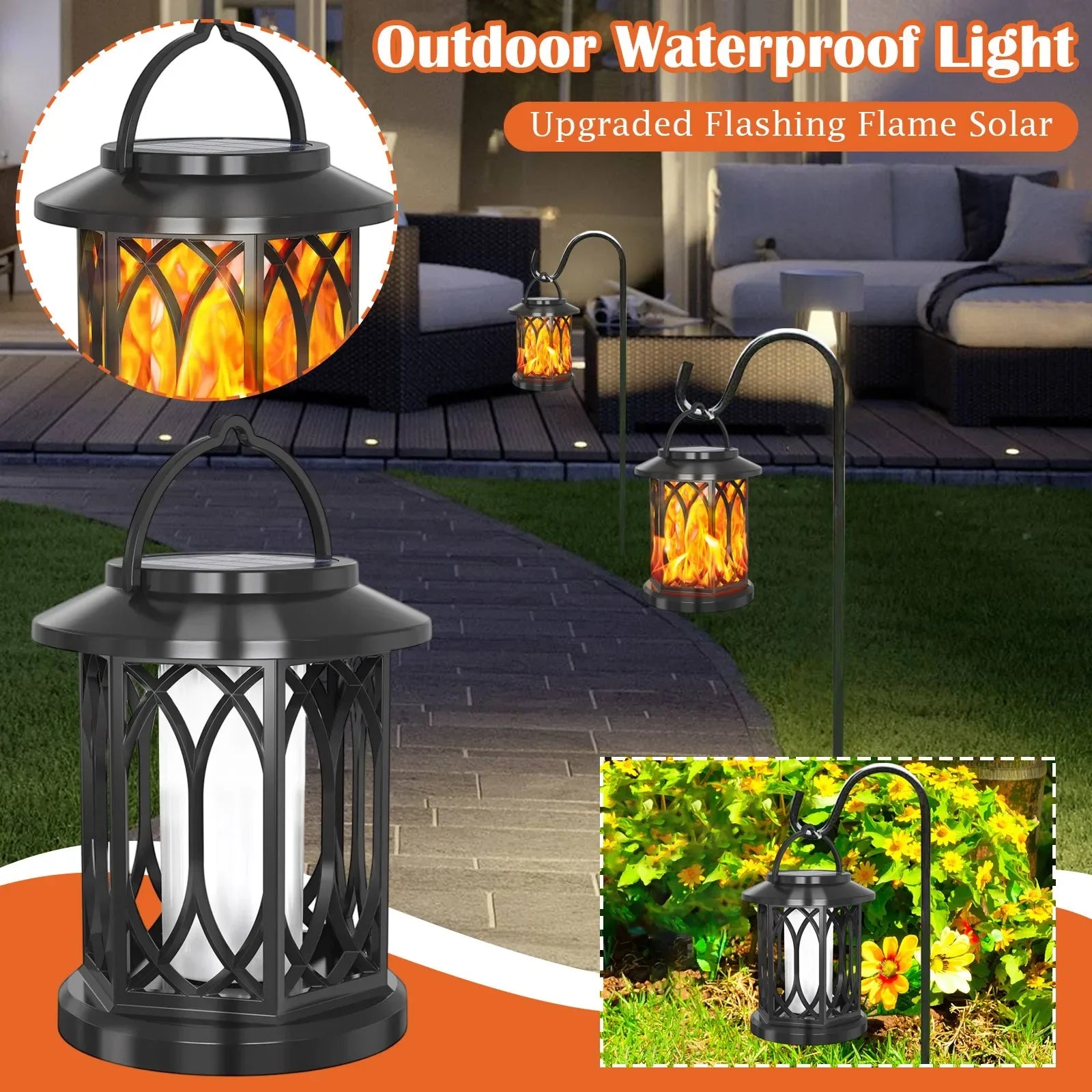 2PCS Solar Flame Hanging Lamp Outdoor Solar Light Garden Waterproof Flame Flickering Effect Christmas Garden Patio Yard Path Light