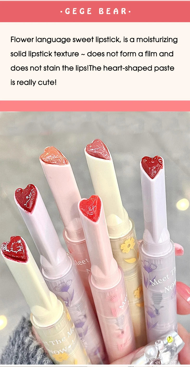 Gege Bear heart-shaped lipstick set with a glossy, moisturizing jelly finish and floral packaging.