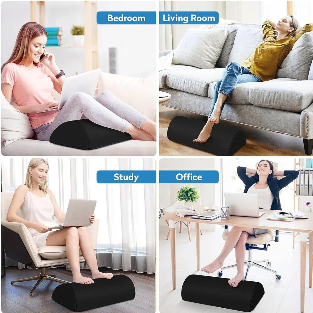 Black ergonomic memory foam foot rest for under desk, office, and home use with non-slip base and washable cover.