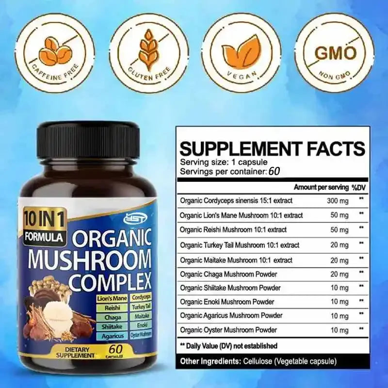 10 In 1 High-strength Mushroom Supplement: Lion Mane, Cordyceps Sinensis,ganoderma Lucidum - Memory And Focused Brain Supplement