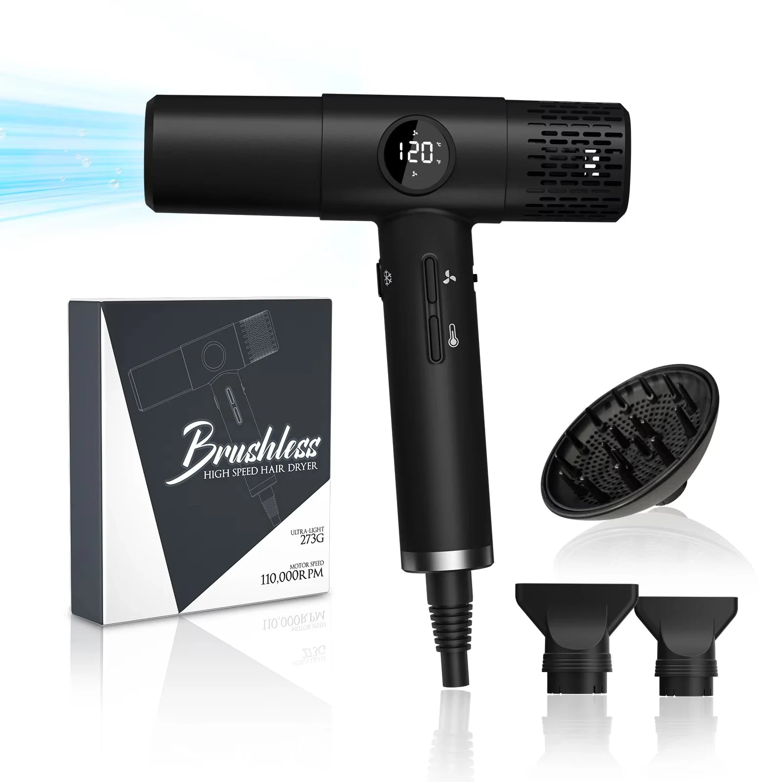 TINSOL black high-speed ionic hair dryer with LCD display, diffuser, concentrator nozzles, and gift box.