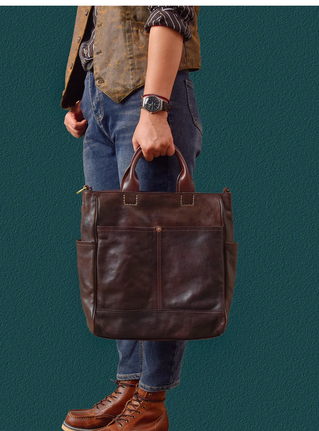 Fashion organizers designers handmade genuine leather men's tote bag outdoor travel luxury vegetable tanned cowhide handbags