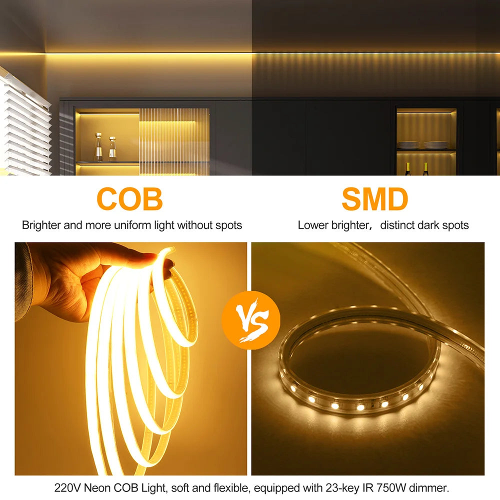 Wifi Bluetooth COB LED Neon Strip Light Wall Touch 23key Remote Control 220V Dimmer Power Kit 5m 10m 20m 0.5m 240LED/m Flex Lamp