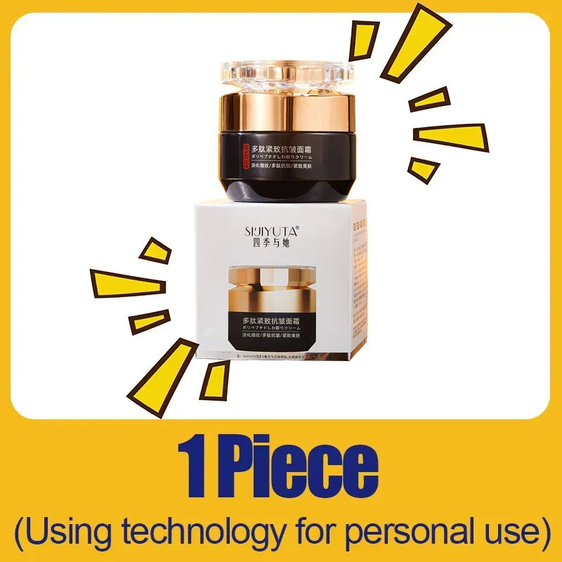 Polypeptide face cream in a black and gold jar, sitting atop its white and gold branded product box.