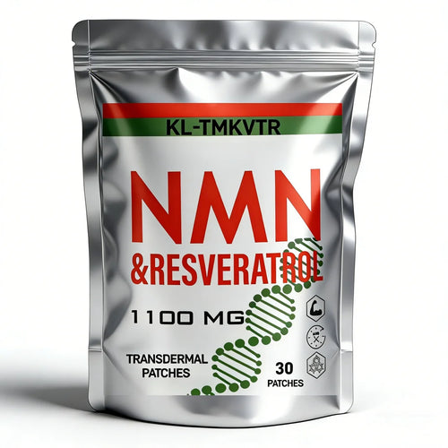 Anti-aging NMN & Resveratrol 1100mg supplement patches in silver resealable pouch. 30 count transdermal patch pack.