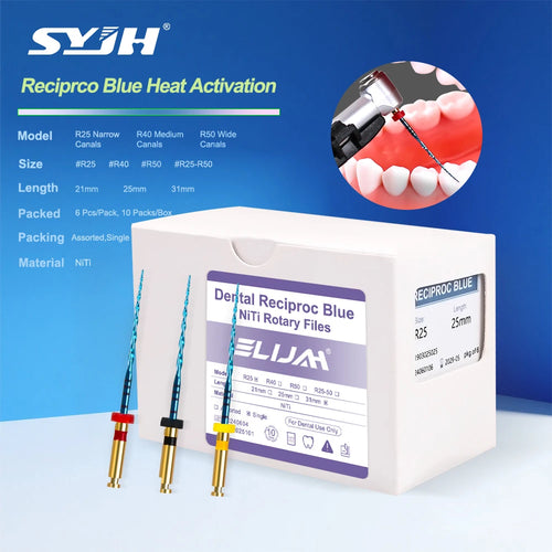 SYJH Blue NiTi endodontic reciprocating files for root canal treatment with R25/40/50 sizing and dental box packaging.