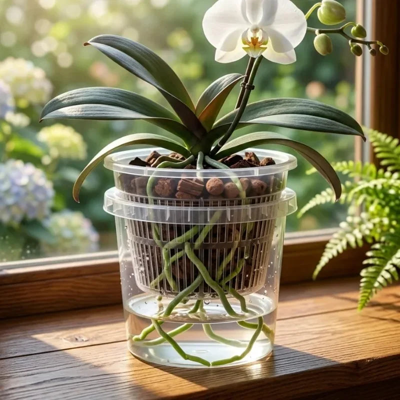 Clear double-layer orchid container with removable mesh insert holding potting mix