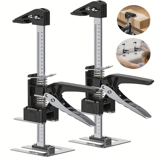 Cabinet lifter height locator tool set with dual adjustable levers and measuring scale