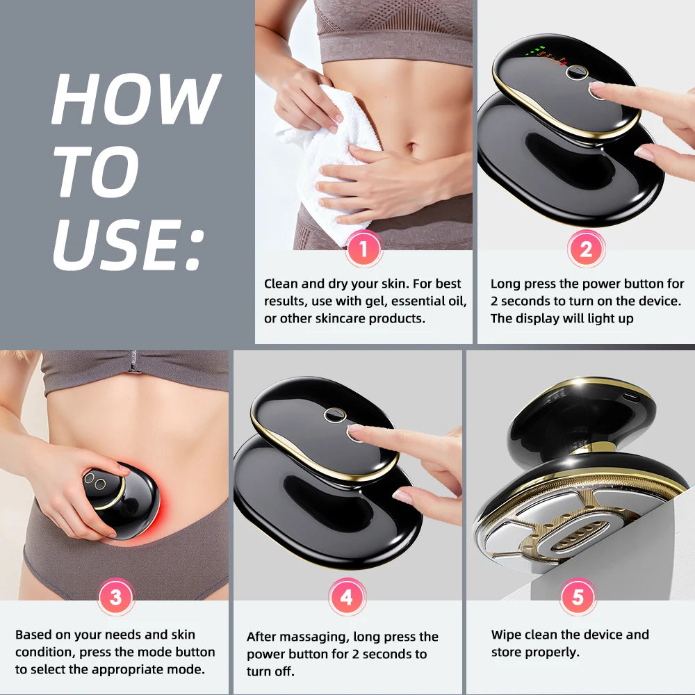 How to use 4-in-1 electric body slimming massager, cordless RF and EMS cellulite remover device with skin care steps.