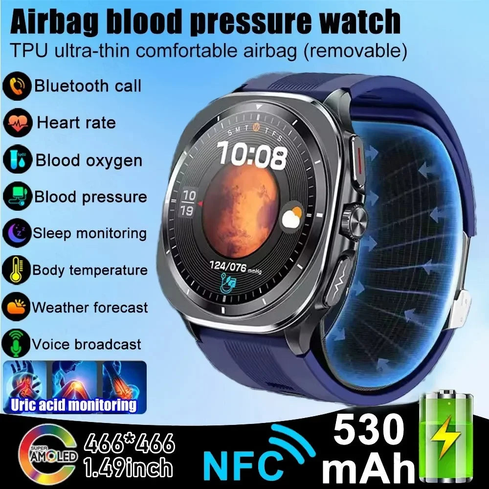 Men's air pump smartwatch with round display and dark blue adjustable strap