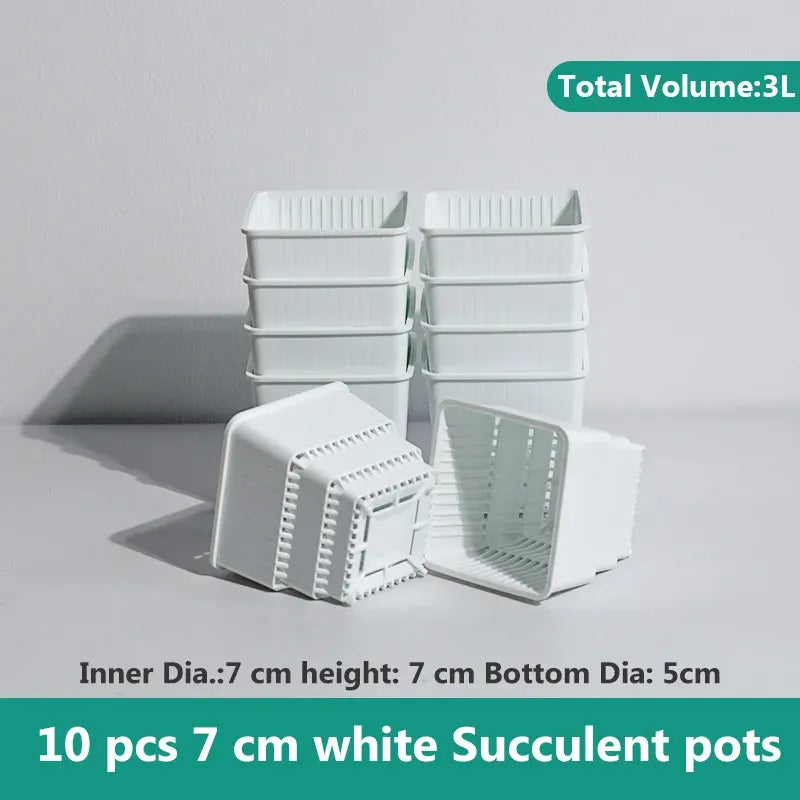 White 7 cm succulent plastic pots set with trays and drainage inserts, stackable