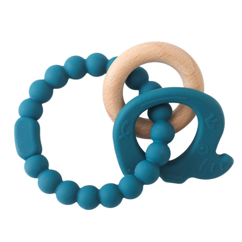 Blue silicone and natural wood baby teething ring toy for infant relief.