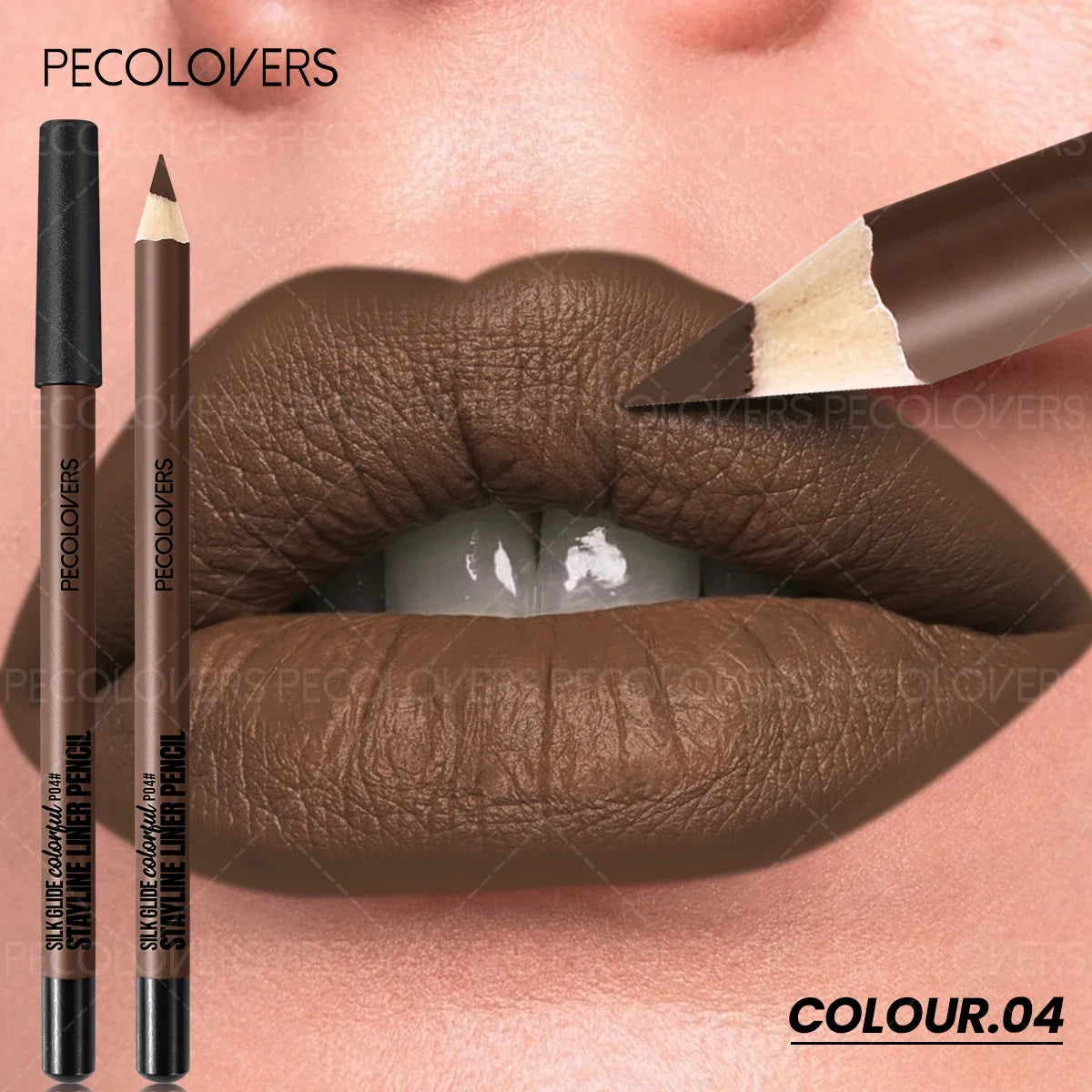 Waterproof brown matte lip liner pencil for long-lasting lip makeup, shown on lips with a smooth, smudge-proof finish.