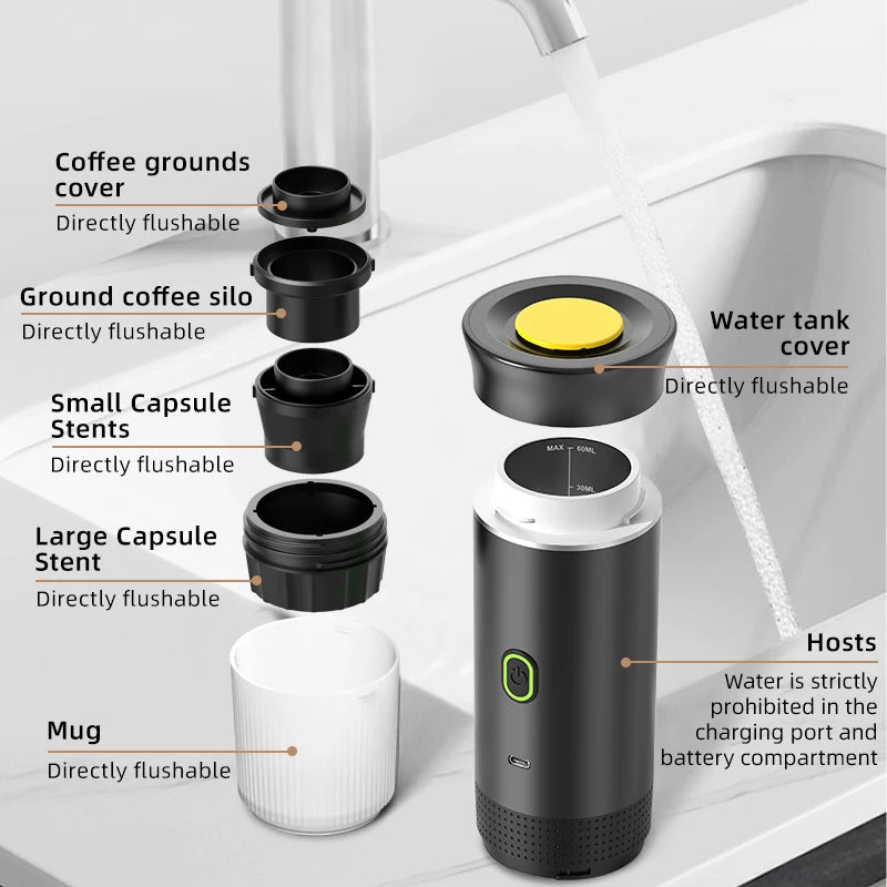 Tidesmit 3-in-1 portable wireless espresso maker for car and camping showing side profile and travel accessories.