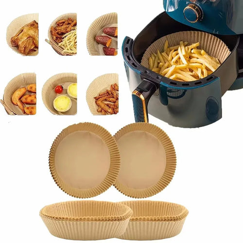 Brown round air fryer parchment paper liners, ridged edges, two-pack view.