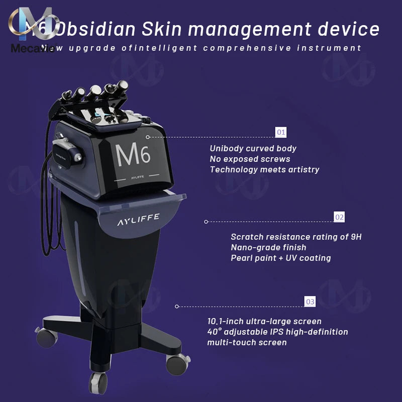 6-in-1 oxygen dermabrasion facial machine with M6 display, touch screen, and sleek black unibody skin care design.