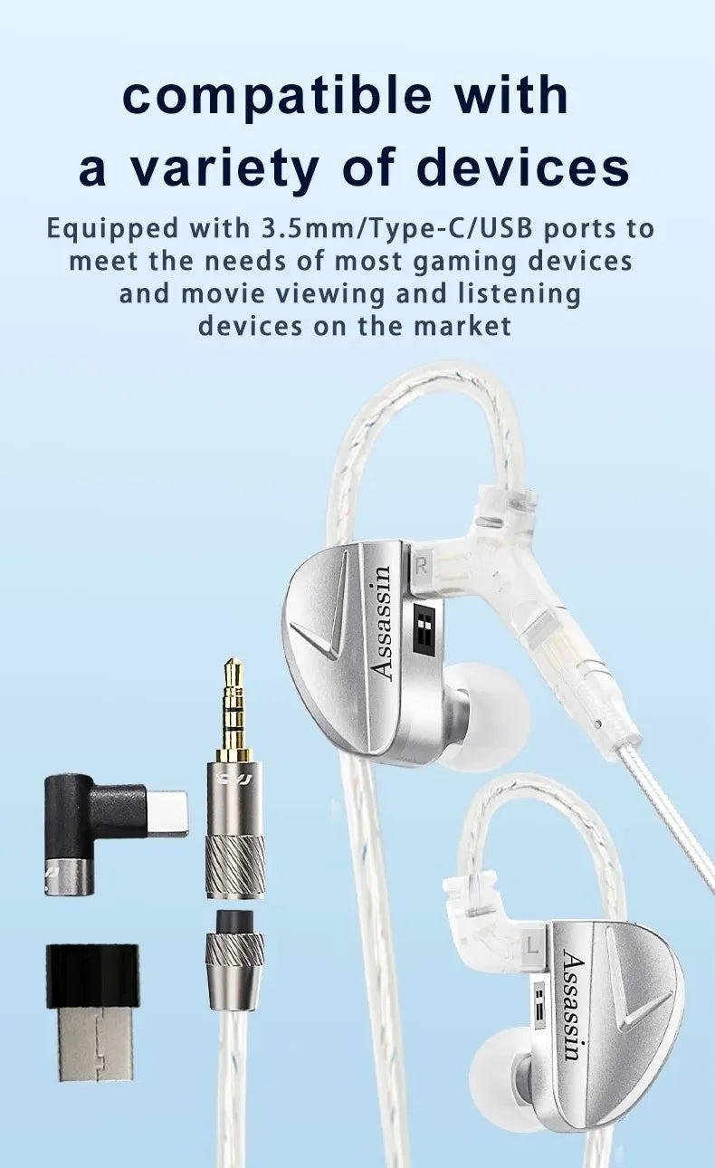 CVJ Assassin Silver in Ear Earphones 1BA+1DD+1Vibrate Game Mode HIFI Microphone Hybrid Tuning Switch Wired Earbuds IEM Headphone Tidesmit