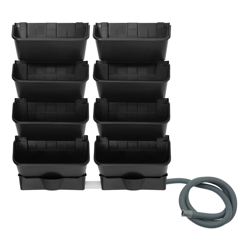 Vertical wall-mounted planter set of six black pockets with included gray hose