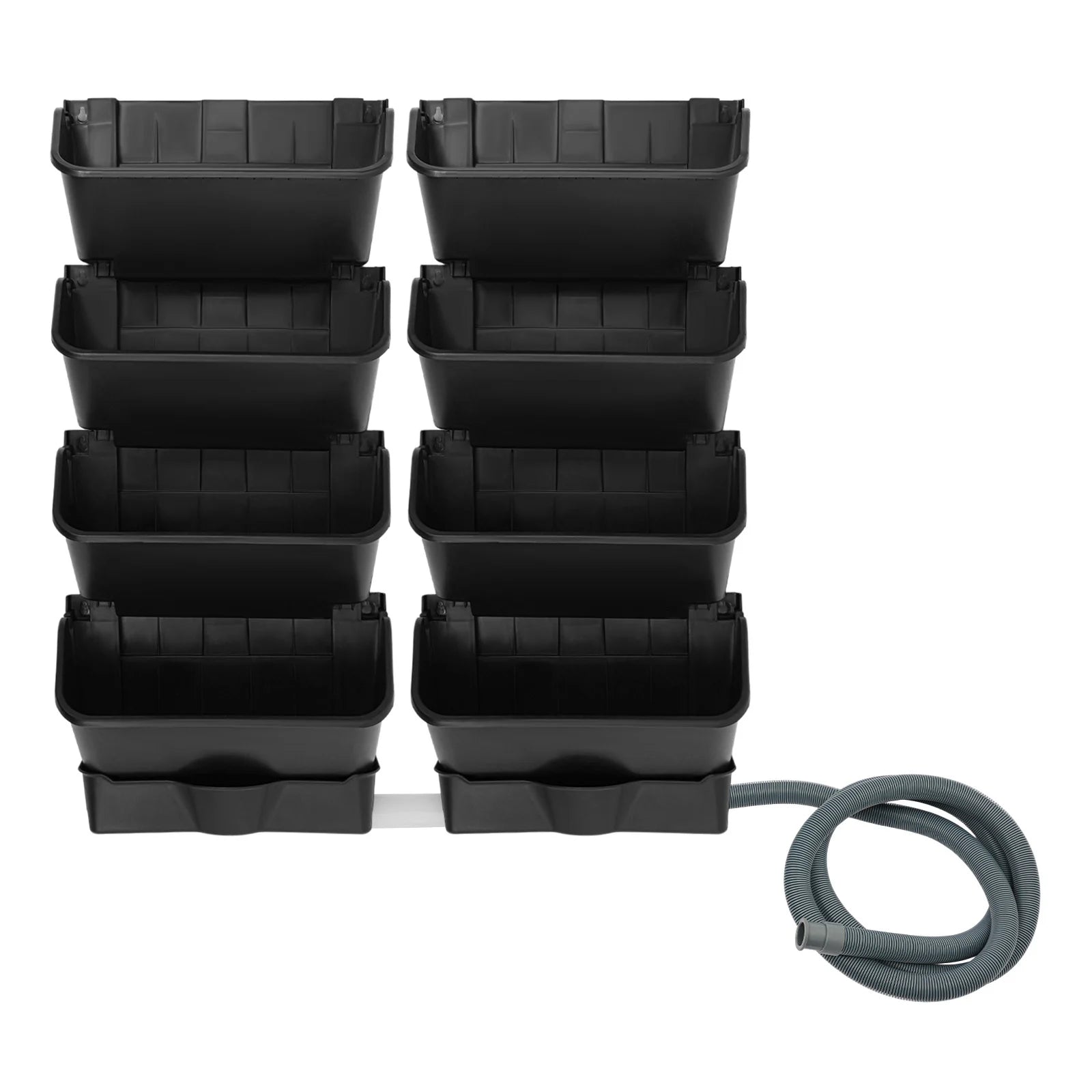 Vertical wall-mounted planter set of six black pockets with included gray hose