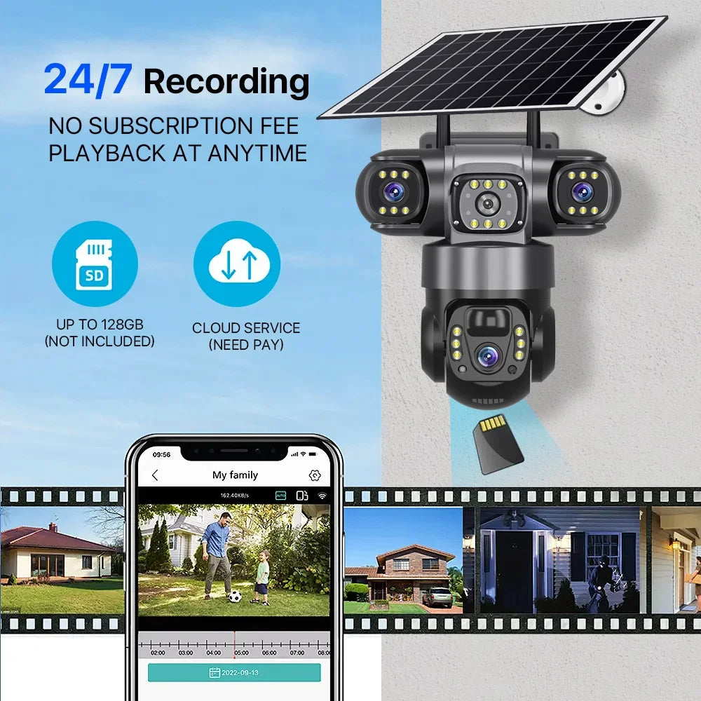 8K HD Solar Security Camera WiFi Wireless Outdoor Dual Lens Solar IP Camera PIR Human Detection Night Vision Battery CCTV Camera