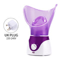 Purple and white home facial steamer for pore cleaning and skin moisturizing with UK plug and adjustable heat settings.