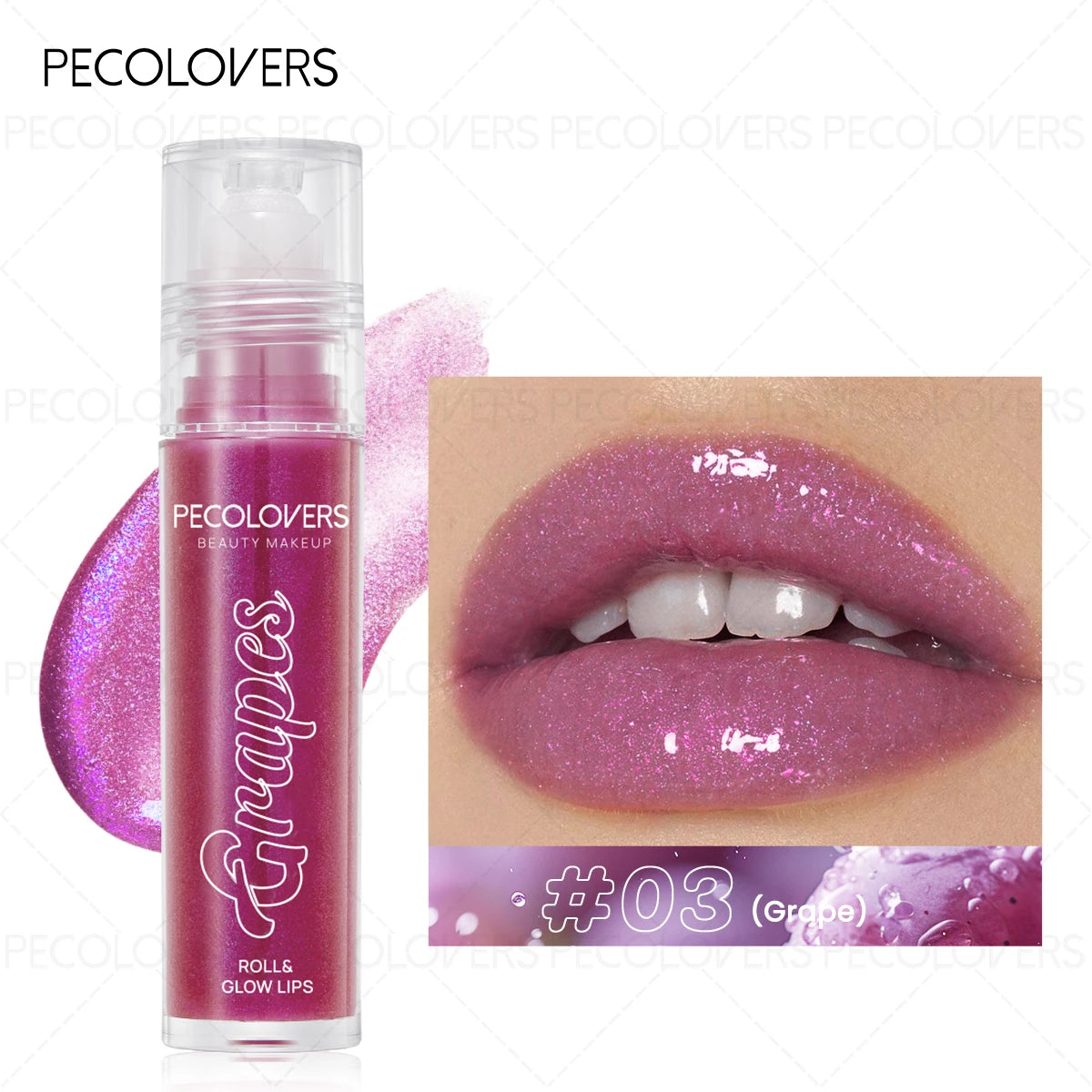 Grape-colored moisturizing lip gloss with shimmer finish, shown on lips for a natural, long-lasting glow.