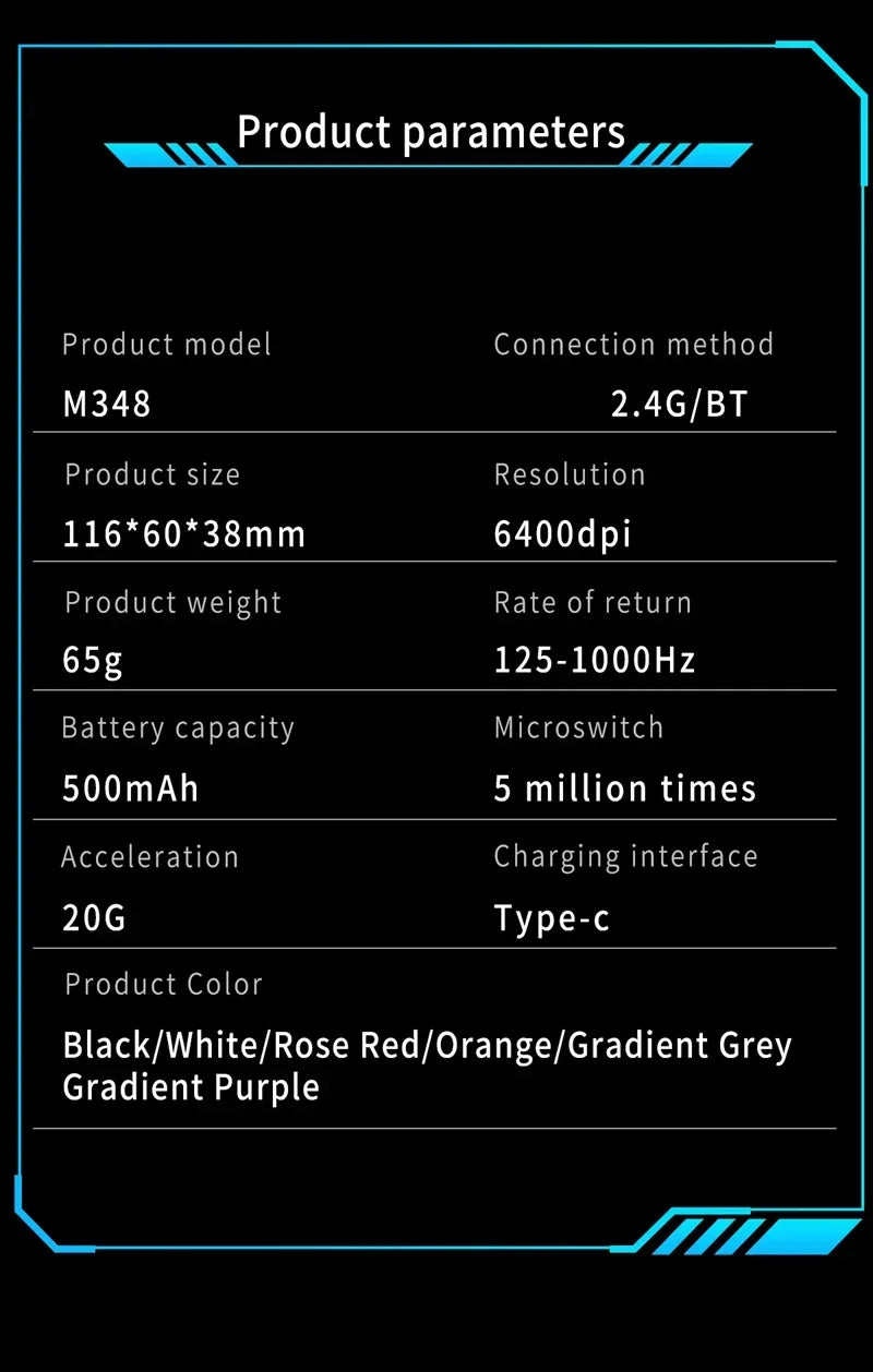 New M348 Superlight Mouse Bluetooth 2.4G Wireless Gaming Mouse Flagship Chip Gaming Sensor 6 Adjustable DPI for Office Game