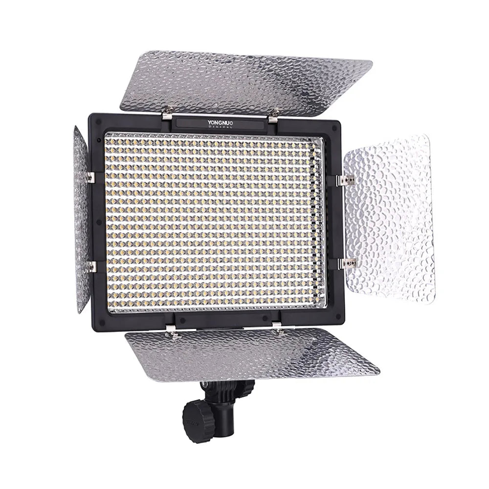 Rectangular LED video light with silver honeycomb barn doors, black frame, and a mounting bracket for photography.
