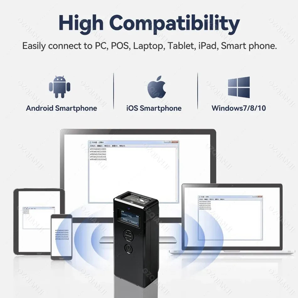 LCD Screen Bluetooth 2D Barcode Scanner with Display Support Mobile Phone iPad Wireless Barcode Reader 1D 2D QR Bar Code Machine