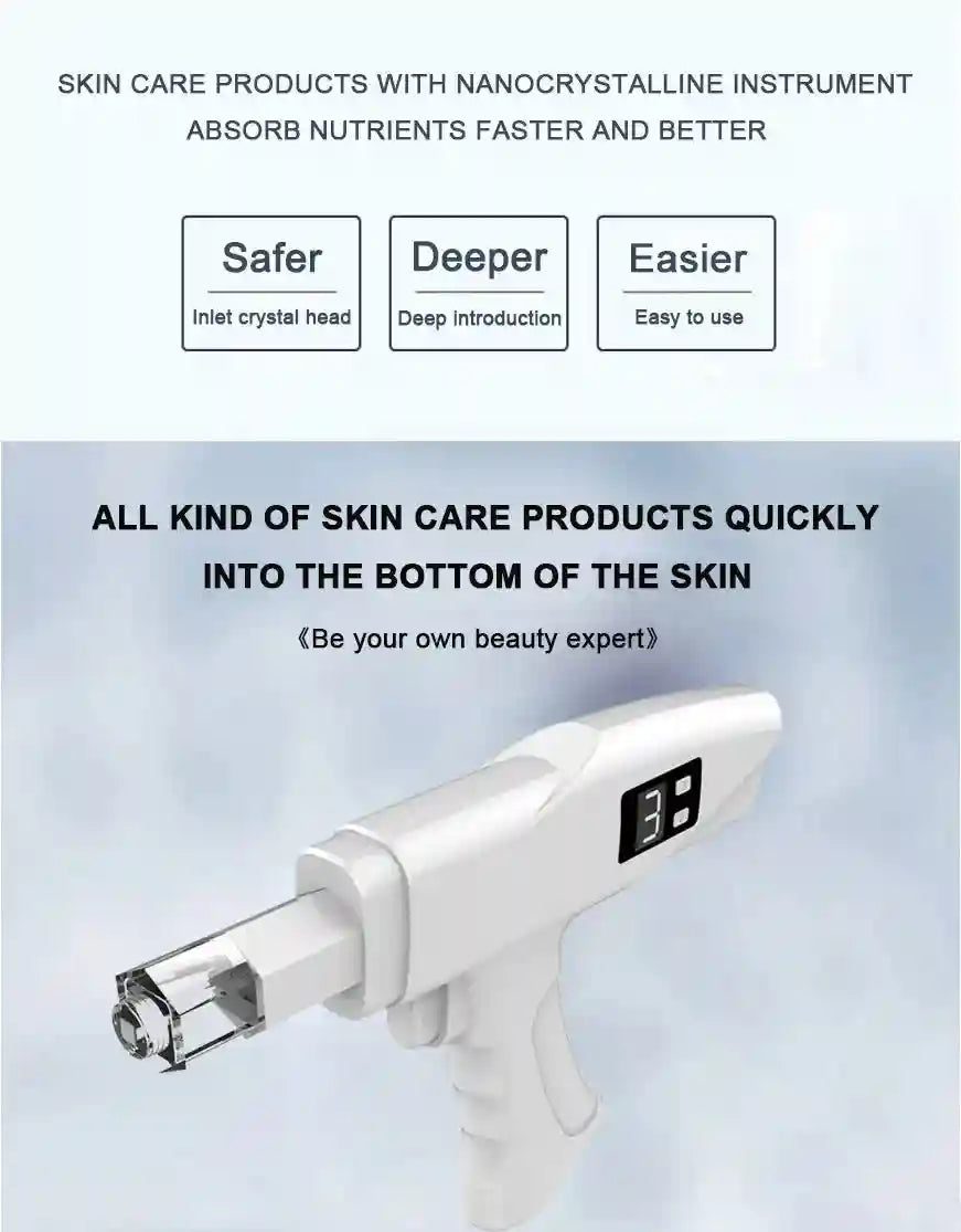 White nano water light beauty device with a crystal head, digital display, and ergonomic handle for skincare.