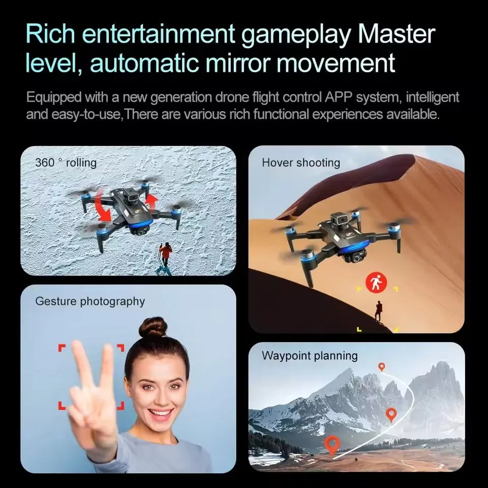 Black quadcopter drone showing features like 360-degree rolls, hover shooting, gesture photography, and waypoint flight.