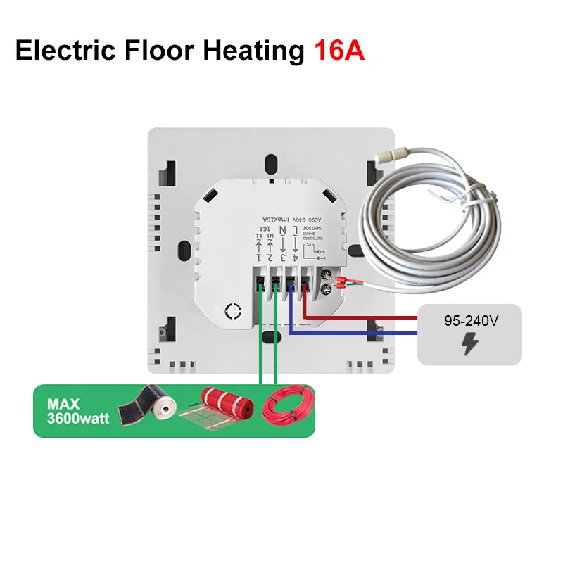 Electric floor heating thermostat with terminal wiring and included temperature probe