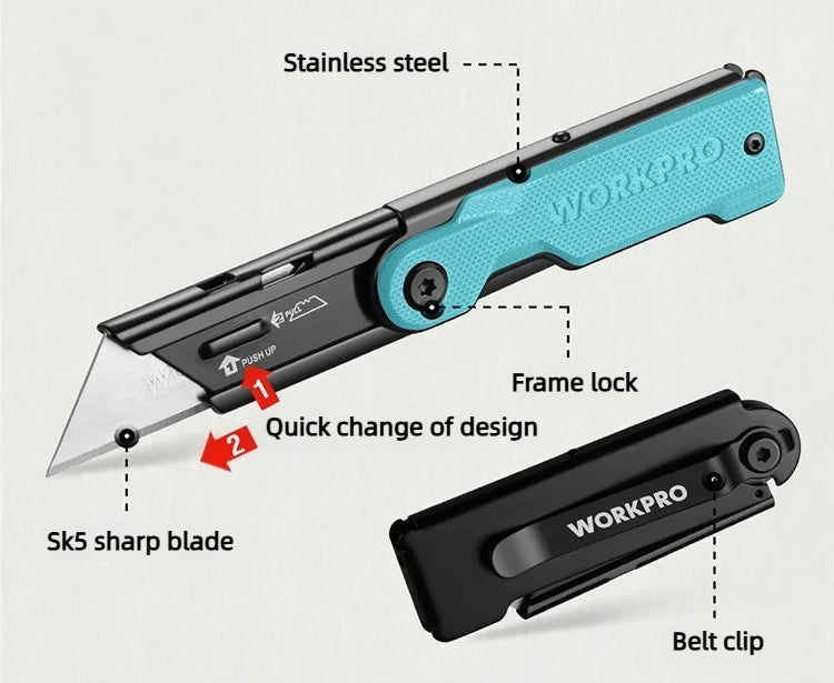 Workpro Folding Utility Knife Stainless Steel Quick Realse Pocket Knife with Belt Clip Sharp 10 blades Purpose DIY Cutting Tools