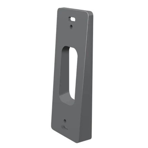 Dark gray adjustable doorbell mounting bracket with rectangular cutout and screw holes