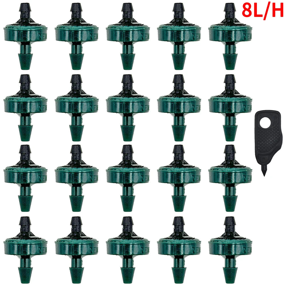 Green pressure-compensating drip emitter drippers bundle with black hose insertion tool (8L/H)
