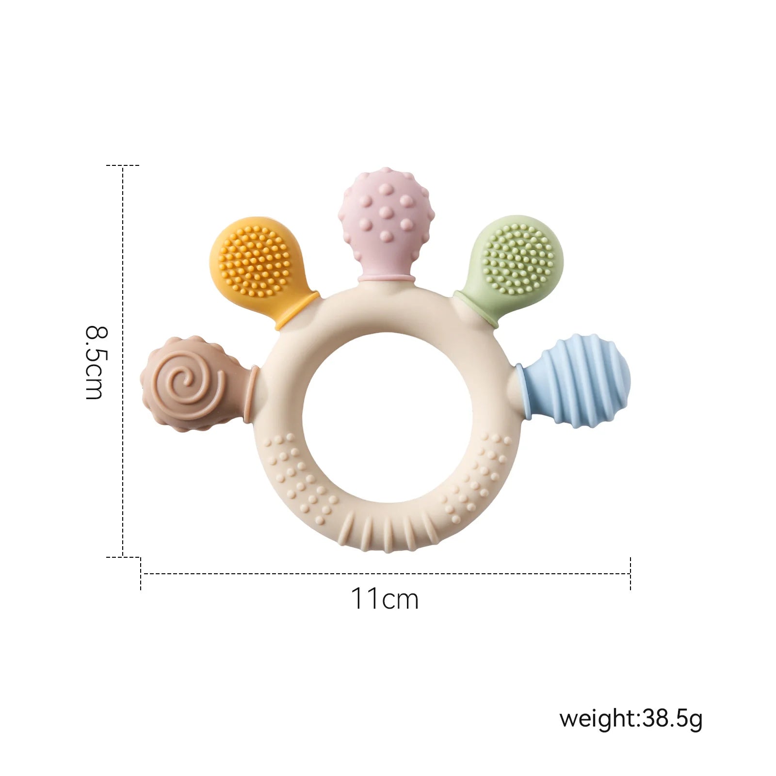 Multicolor silicone baby teething ring for soothing relief.