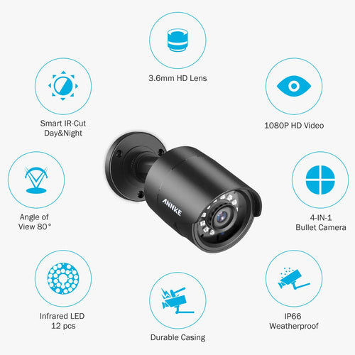 Black bullet security camera with wide-angle wall-mount bracket and front lens